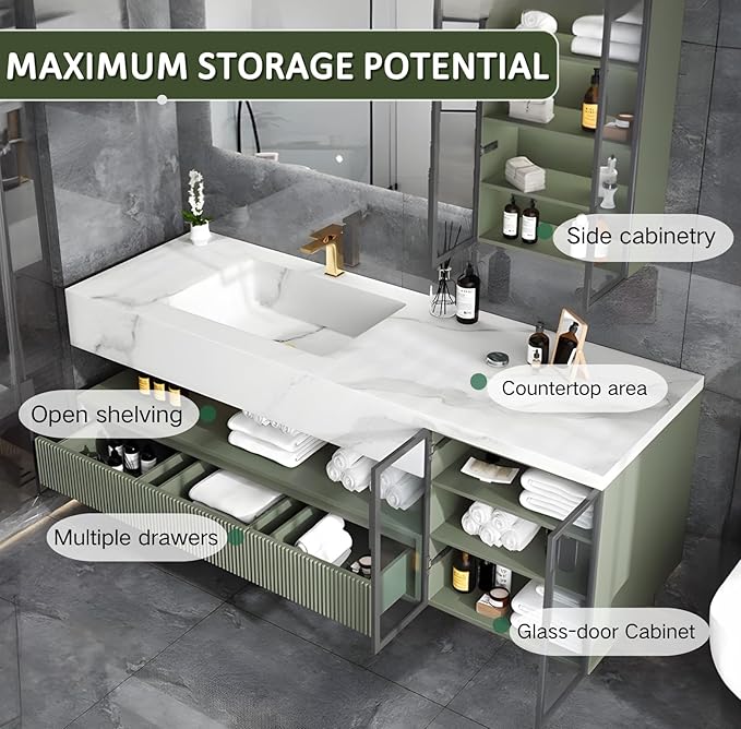 Floating Vanity for Bathroom, 48" Green Bathroom Vanity Set with LED Defog Mirror and Side Medicine Cabinet, Wall Mount Bathroom Storage Cabinet with Glass Door, Single Sink Bath Vanities - Green
