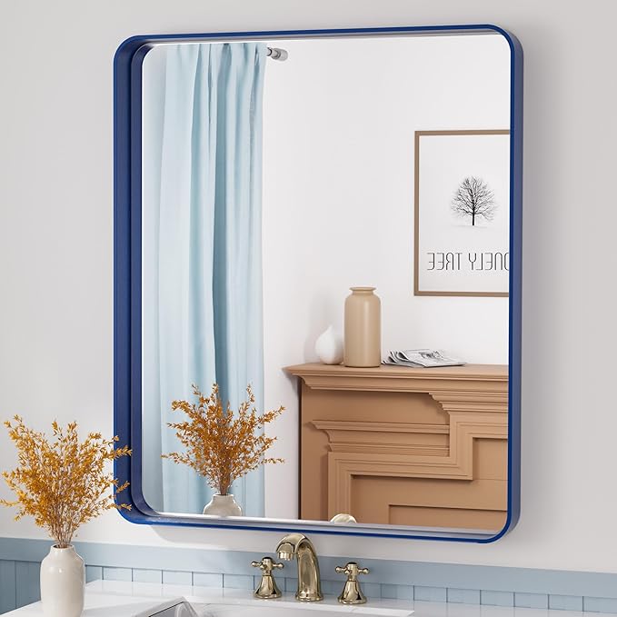 TETOTE 30 x 36 Navy Blue Frame Mirror for Bathroom Metal Frame Wall Mounted Rectangle Mirror for Vanity with Sandy Textured Surface(Horizontal/Vertical)