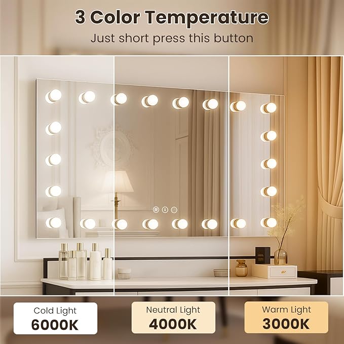 WTTY LED Bathroom Mirror with Lights 40"x28" Hollywood Wall-Mounted Mirror with 3 Color Temperatures, Stepless Dimmable Bulbs, Anti-Fog & Shatter-Proof
