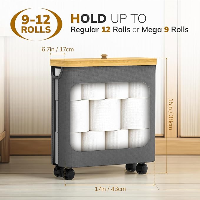 Toilet Paper Storage with Wheel Bamboo Toilet Paper Holder with Lid and Handle Toilet Papers Organizer for Bathroom Free Standing 30L Papers Basket for 9-12 Rolls Bathroom Accessories, Grey