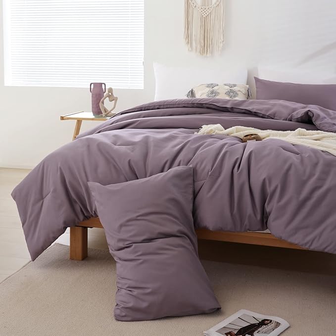 ROSGONIA King Size Comforter Set Dusty Purple, 3pcs (1 Boho Comforter & 2 Pillowcases) All Season Bedding Lightweight Bedspread Blanket Quilt