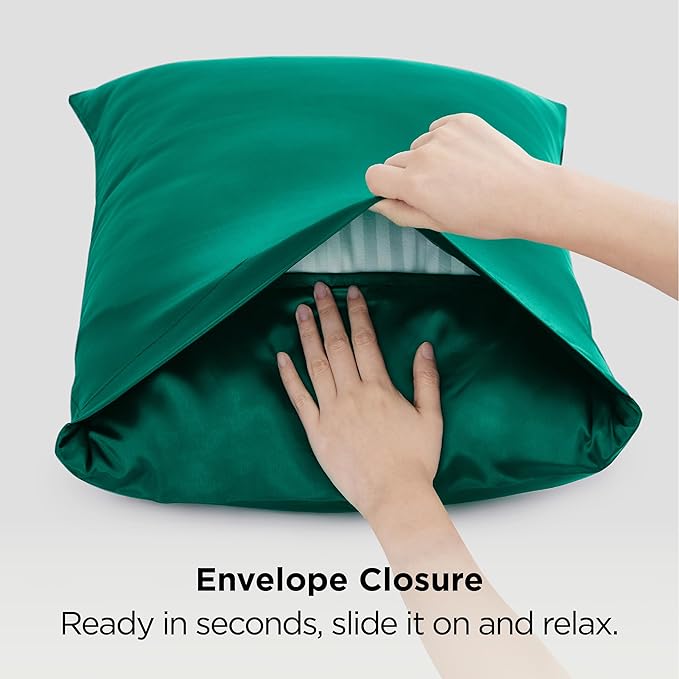Bedsure Satin Pillowcase 2 Pack Similar to Silk Pillow Cases Standard Size, Green Christmas Pillow Case with Envelope Closure, Decor Gifts for Women Men, Dark Green, 20x26 Inches, 2pcs