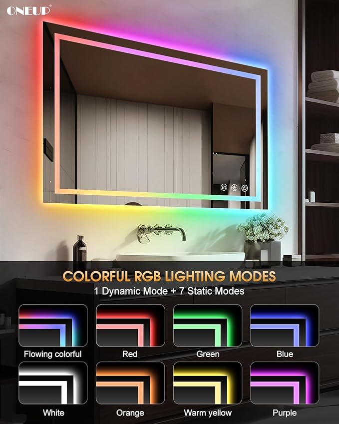 oneup 40x32 Inch LED Bathroom Mirror,RGB Color Changing Bathroom Mirror with Lights,Anti-Fog Wall-Mounted Vanity Mirrors,Smart Dimmable Multicolor Lighted,IP54 Waterproof (Horizontal/Vertical)