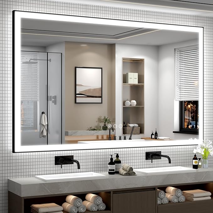 SMIROR 66x36 Black Frame LED Mirrors for Bathroom Wall, Large Lighted Vanity Mirrors, Dimmable, Anti-Fog, Memory, Shatterproof, ETL Listed (Front Lights and Backlit)