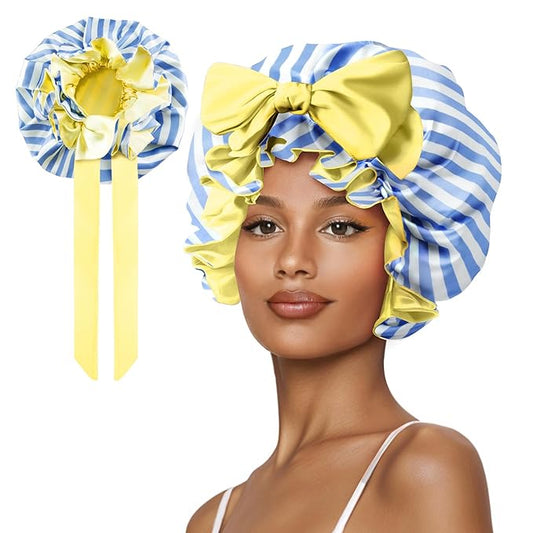 Silk Bonnet, Satin Hair Shower Cap for Sleeping Women 2025 Tie Band Adjustable Straps Head Wrap for Curly Hair Blue Stripe F