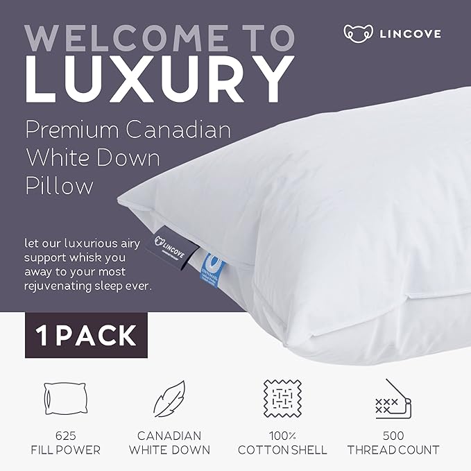 Lincove Cloud Natural Canadian Down Pillow, White Luxury Sleeping Pillow - 625 Fill Power, 100% Cotton Shell, 500 Thread Count, Made in Canada, Queen - Soft, 1 Pack