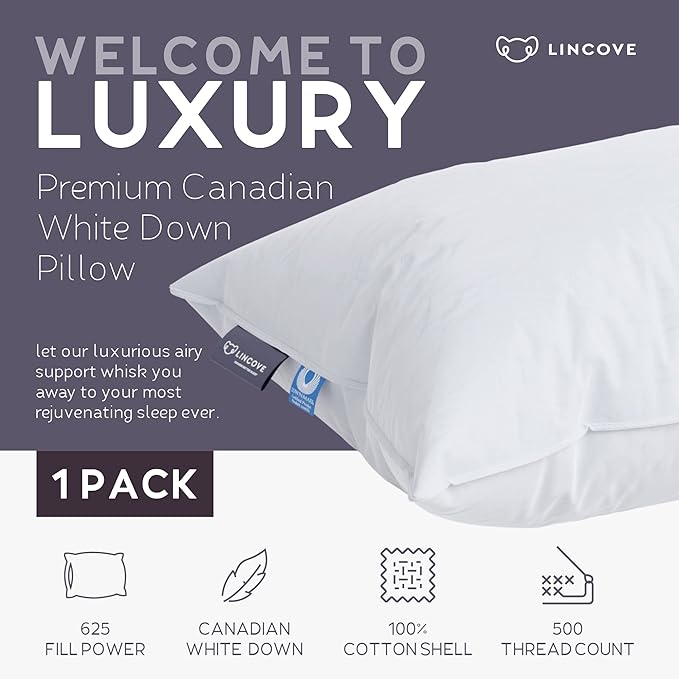 Lincove Cloud Natural Canadian Down Pillow, White Luxury Sleeping Pillow - 625 Fill Power, 500 Thread Count Cotton Shell, Made in Canada, Standard - Medium, 1 Pack
