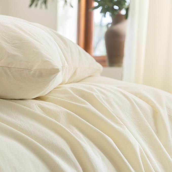 FOSSA Duvet Cover Set 100% Washed Cotton Linen Feel Super Soft Breathable Cozy 3 Pieces Bedding Sets Solid Cream White Super King