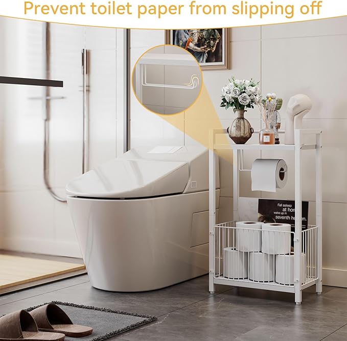 IBUYKE Freestanding Toilet Paper Holder Stand with Storage Shelf,Bathroom Toilet Tissue Roll Dispenser with Extra Space for Rolls, Magazines, Wet Wipes White TLJ020W