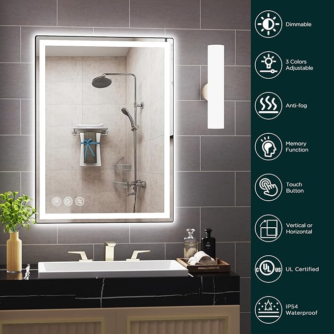 LED Bathroom Mirror 24"x 32" with Stepless Dimmable Wall Mirrors with Anti-Fog, Dimmable CRI>90, Vanity Mirror with 3 Color Modes, Shatter-Proof, Memory Bathroom Mirror with LED Lights