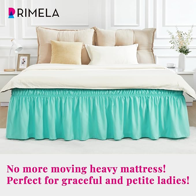 RIMELA Spa Blue Bed Skirt Queen Size 15 Inch Drop, Elastic Bed Skirting for Bed Base and Frame, Bedding Dust Ruffle Easy to Install, Lightweight Wrap Around Adjustable Bedskirt