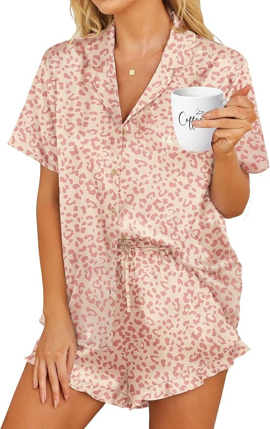 HOTOUCH Womens Satin Pajamas Set Button Down 2 Piece Silk Pjs Shorts Set Ruffle Lingerie Notch Collar Sleepwear