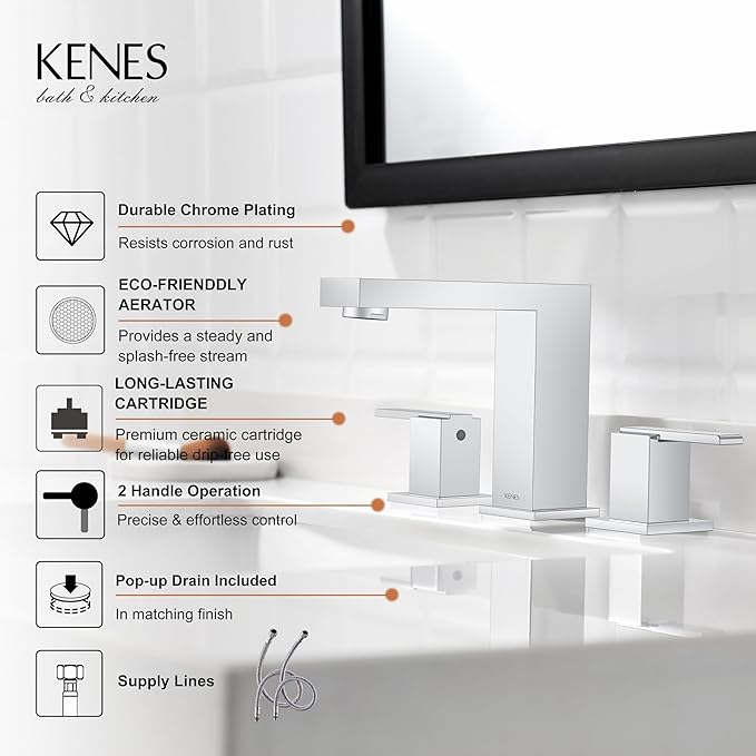 KENES Polished Chrome Widespread Bathroom Faucet 2 Handle Bathroom Sink Faucet 3 Hole, 8-Inch 3 Pieces Vanity Faucet with Pop Up Drain & Supply Lines, KE-9050-5-P