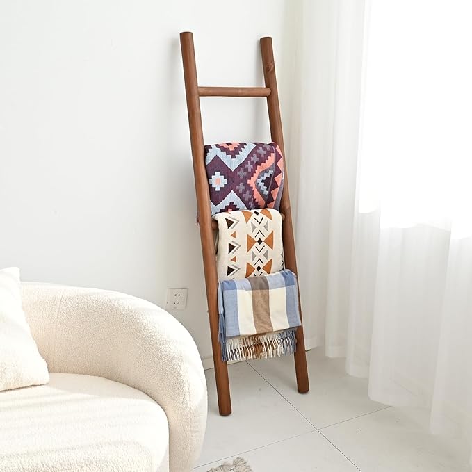 FUIN Fully Assembled 57in Wood Blanket Ladder Living Room Decorative Wall Leaning Farmhouse Quilt Display Holder Rustic Wooden Towel Rack for Bathroom, Dark Brown