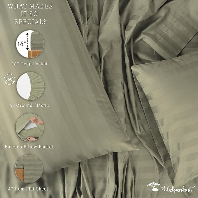 URBANHUT 1000 Thread Count Damask Striped California King Size Egyptian Cotton Sheets, Long Staple Soft & Breathable, 4 Pc Bed Sheet Sets, Luxury Hotel Sateen Sheets Fits 16" Deep Pocket - Sage