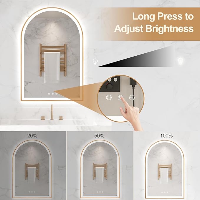 Arched LED Mirror for Bathroom 24"x36", Orange Gold LED Bathroom Mirror with Lights, Fogless, Dimmable, Shatterproof, Touch Sensor, 3 Color Changing