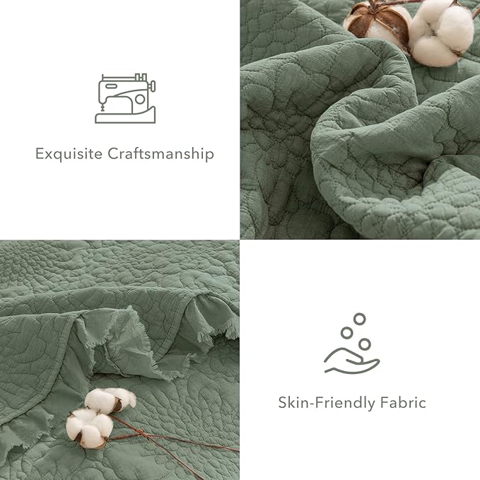QSH 3PCs Olive Green Ruffled Quilt Queen Size (90"x98"),Stonewashed Cotton Quilt Set,Ultra Soft Lightweight Crinkled Bedspread Coverlet Queen Shabby Farmhouse Bedspreads Bedding Set with Pillow Shams
