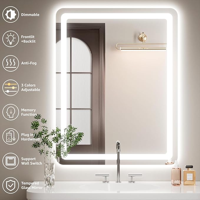 30" x 36" Led Bathroom Mirror with Lights, Anti-Fog & Tri-Color Lighting - Wall Mounted Shaving Mirror with Touch Sensor, Waterproof & Smart LED Vanity Mirror,Tempered Glass, Dimmable Smart Mirror
