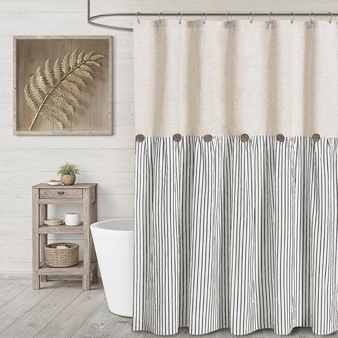 Farmhouse Shower Curtain Linen Button Woven Fabric Country Rustic Western, Pleated Black Stripe 72" W x 72" L