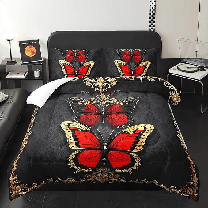 Red and Gold Butterfly Comforter Sets King Size Bed Set，Gothic King Size Bedding Set，with 1 Comforter with 2 Pillow Case，Butterfly Themed Bedroom Decor