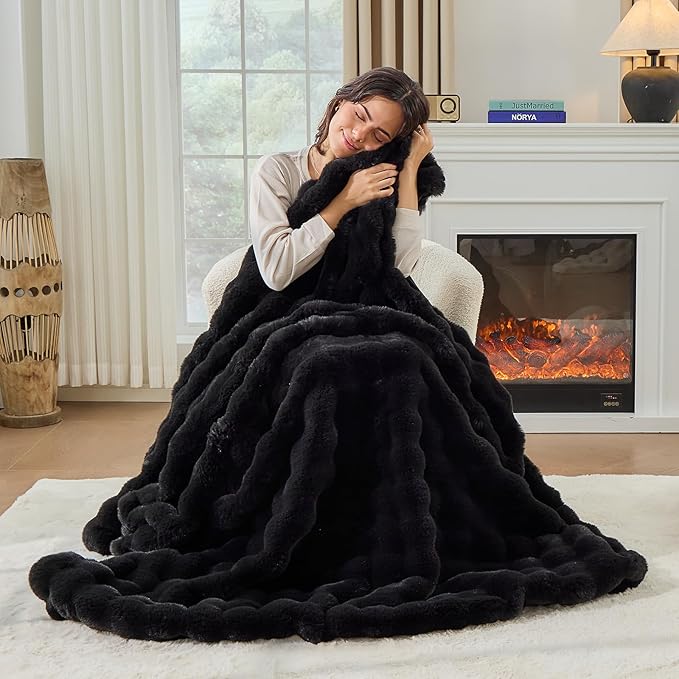 Fluffy Faux Rabbit Fur Throw Blanket - Soft, Luxury, Cozy Thick Warm Decorative Blanket for Bed, Sofa (Throw Size 50''x60'', Black)
