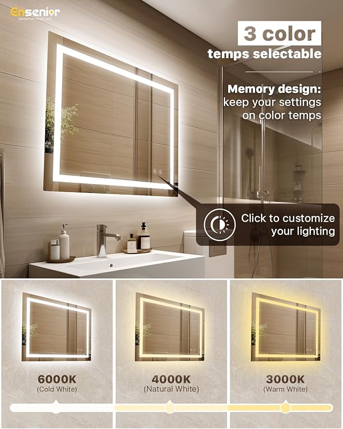 Ensenior LED Bathroom Mirror 40"x 32" with Front and Backlight, Stepless Dimmable Wall Mirrors with Anti-Fog, Shatter-Proof, Memory, 3 Colors, Modern LED Vanity Mirror-ETL & FCC