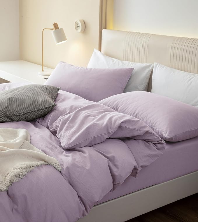 JIYUAN 100% Washed Cotton Duvet Cover Set 3 Pieces Oversized Queen, 1 Duvet Cover 98x98 Inches(Comforter Not Included) and 2 Pillowcases,Linen Like Comfy and Breathable,Heathered Light Purple