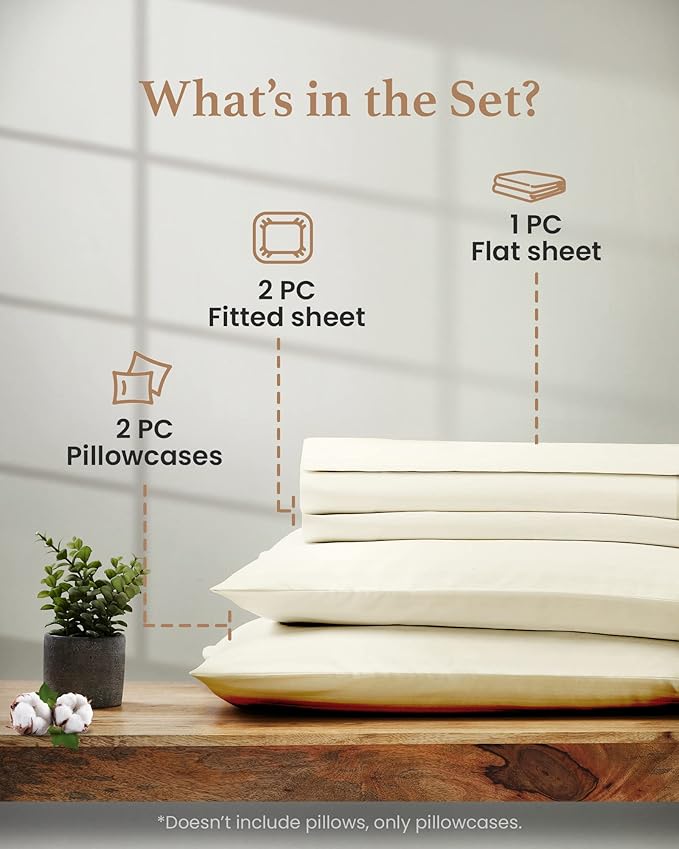 Good Sleep Bedding Split King Sheets Sets for Adjustable Bed Cotton, Luxury Sheets, Egyptian Cotton, 5 Piece Cotton Split King Sheet Set, Sateen Sheets, 2 Fitted - 16" Deep Pocket, Ivory