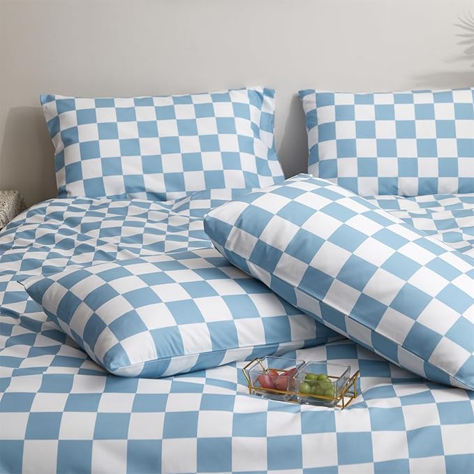 KAREVER Blue White Grid Comforter Set Cal King Blue Plaid Bedding Set Women Blue White Checkered Bed Blanket Set Men Durable Breathable Bedding Comforter Set