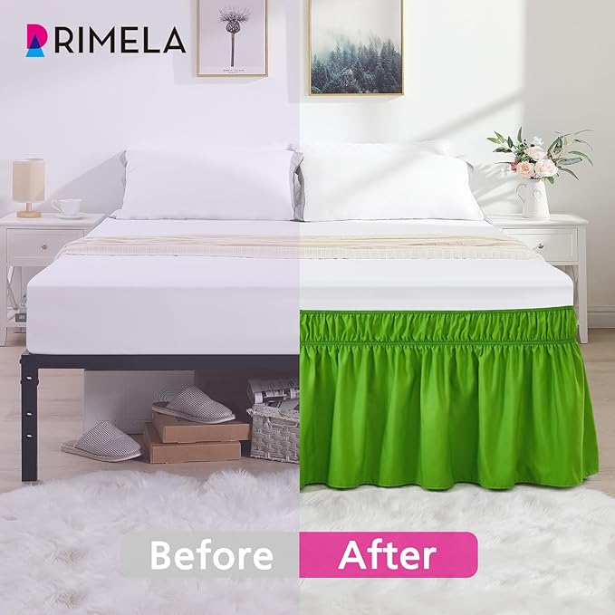 RIMELA Green Bed Skirt King Size 18 Inch Drop, Elastic Bed Skirting for Bed Base and Frame, Bedding Dust Ruffle Easy to Install, Lightweight Wrap Around Adjustable Bedskirt