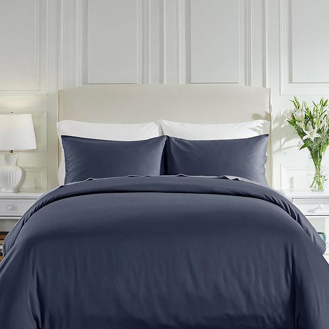 California Design Den 3 Pc Full/Queen Duvet Cover Set - Winner Good Housekeeping Best Bedding Awards 2025, 400 Thread Count Sateen, 100% Cotton, Button Closure, Corner Ties - Indigo Dusty Blue