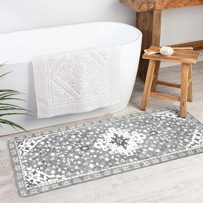 Uphome Vintage Bathroom Runner Rug Gray Non-Slip Soft Long Bathroom Rugs Machine Washable Oriental Bath Mat Traditional Farmhouse Floral Floor Mats for Sink Shower Bathtub, 18x47 inch