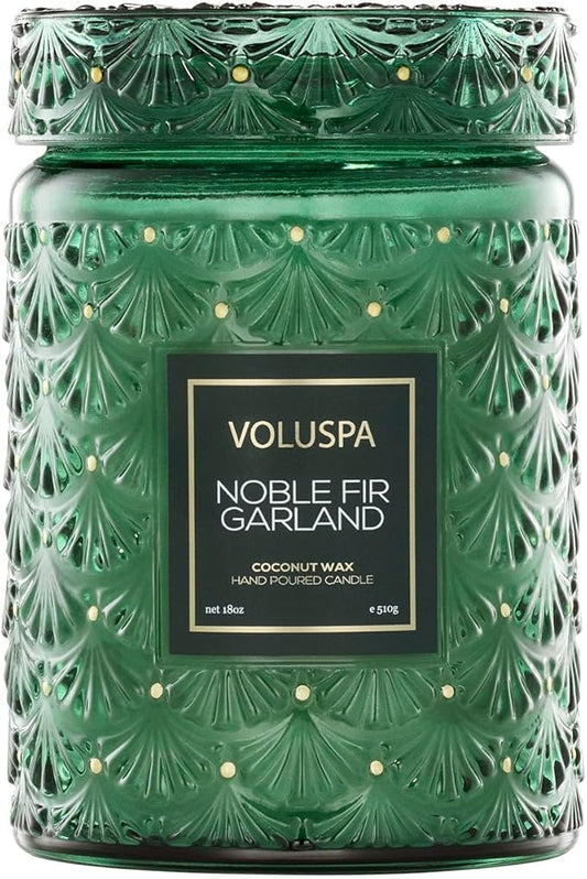 Voluspa Noble Fir Garland, Large Candle Jar, 18oz, Coconut Wax Blend, Christmas Scented Candles for Home, 100 Hour Burn Time, Poured in the USA