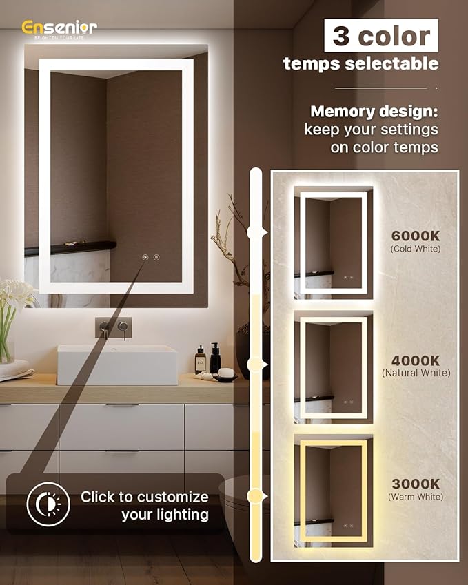 Ensenior LED Bathroom Mirror 24"x 32" with Front and Backlight, Stepless Dimmable Wall Mirrors with Anti-Fog, Shatter-Proof, Memory, 3 Colors, Modern LED Vanity Mirror-ETL & FCC