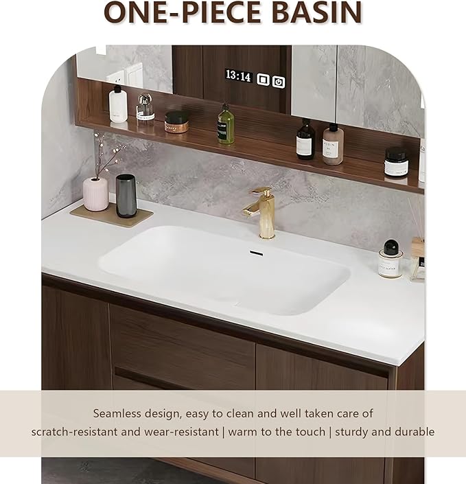 Bathroom Sink Vanity 56Inch, Floating Bathroom Vanity with LED Smart Defogging Mirror Cabinet and Open Shelf, Multi-Layer Solid Wood Bathroom Furniture Cabinet, Wall Mount Installation (Walnut)