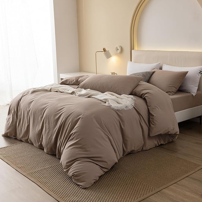 JIYUAN 100% Washed Cotton Duvet Cover Set 3 PCS Oversized King Plus, 1 Duvet Cover 128"x120"(Comforter Not Included) and 2 Pillowcases,Linen Feel Bedding Set Comfy and Breathable,Light Brown