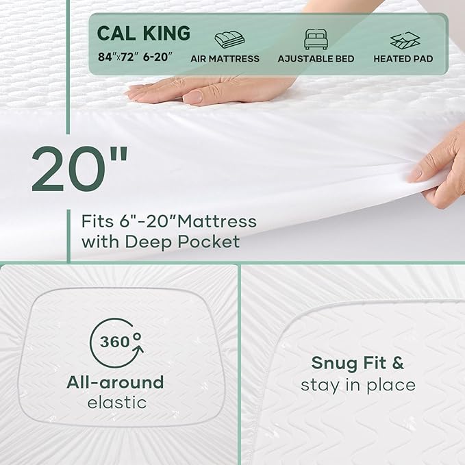 OhGeni 100% Waterproof Mattress Protector, California King Pad, Fits 6"-20" Mattresses Deep Pocket, Cooling for Taller Person, Breathable Fitted Sheets, Soft Bed Cover, Noiseless, Machine Washable