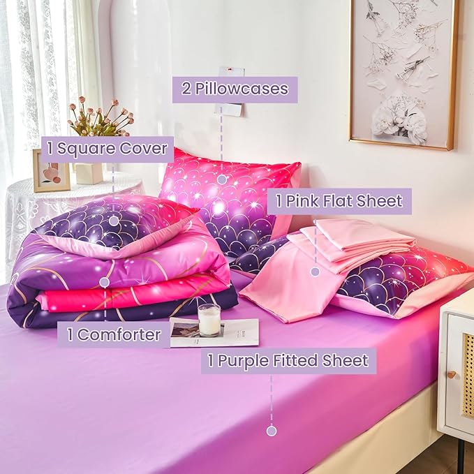 URBONUR Pink Purple Twin Comforter Set 6 Pieces Glitter Colorful Kids Girls Bedding Set (1 Comforter,1 Flat Sheet,1 Fitted Sheet,2 Pillowcases,1 Square Cover)