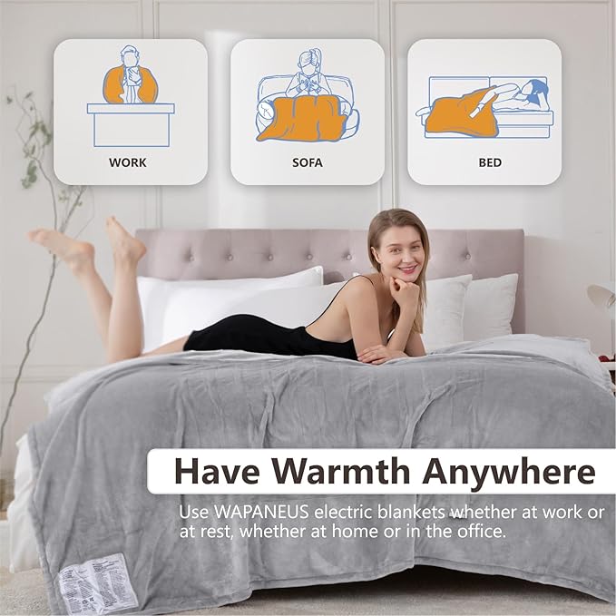 Wapaneus Heated Blanket Electric King Size 90"x100"-Dual Control with 10 Heat Levels 12 Timer Settings and 8 Hours Auto-Shut Off,Fast-Heating Electric Blanket,ETL Listed Machine Washable,Light Grey