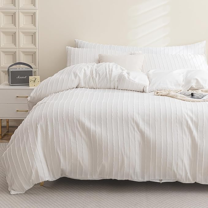 JELLYMONI Duvet Cover Oversized King Size White - 3PCS Boho Striped Duvet Cover Set Polyester Tufted Bohemian Textured Comforter Cover 120×98in with Corner Ties & Zipper and 2 Pillowcases