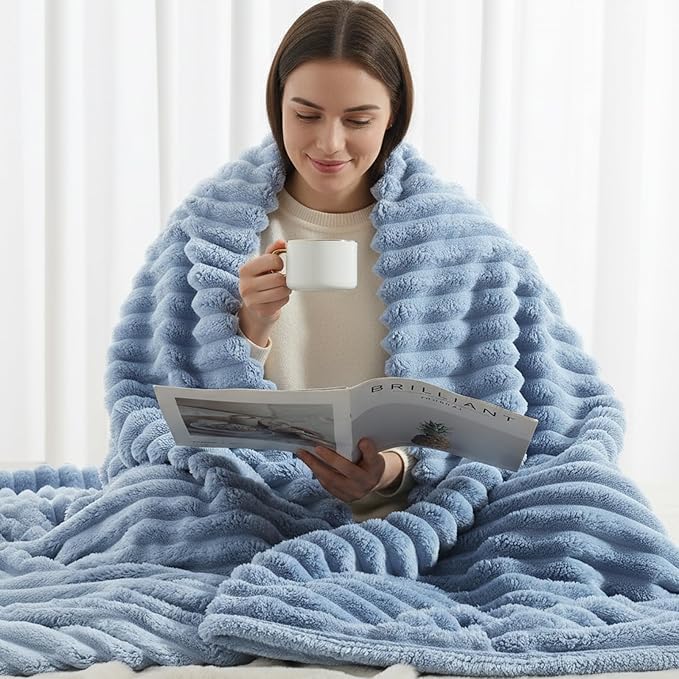 decorUhome Christmas Soft Fleece Blue Grey Twin Blanket for Bed, Cozy Fluffy Plush Flannel Striped Throws for Couch Sofa, Lightweight Decorative Ribbed Fuzzy Blanket for Woman, 60x80 Inches