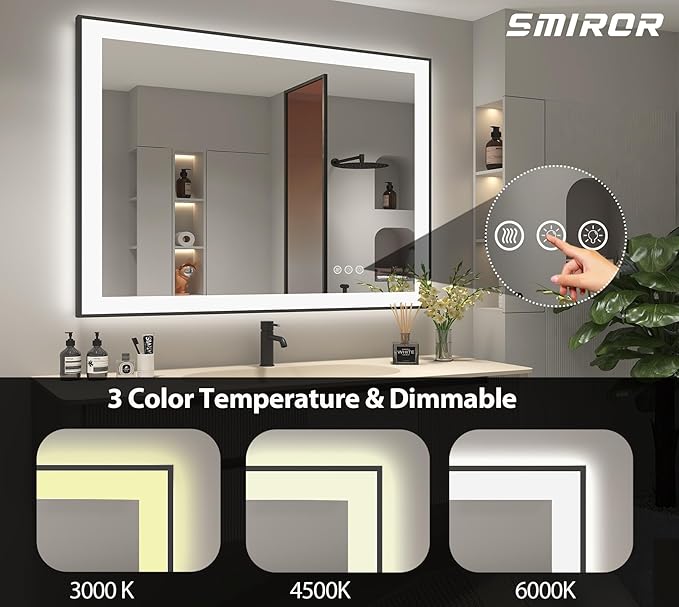 SMIROR 40x30 Black Frame LED Mirror for Bathroom Wall, Large Lighted Vanity Mirrors, Dimmable, Anti-Fog, Memory, Shatterproof, ETL Listed (Front Lights and Backlit)