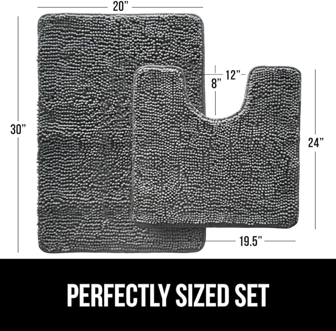GORILLA GRIP Bathroom Rug Sets, Soft Chenille 2 Piece Area Rugs Set, Toilet Base Mat and 30x20 Carpet, Absorbent Microfiber Washable Mats Dry Quickly, Home Décor and Bath Room Accessories, Grey