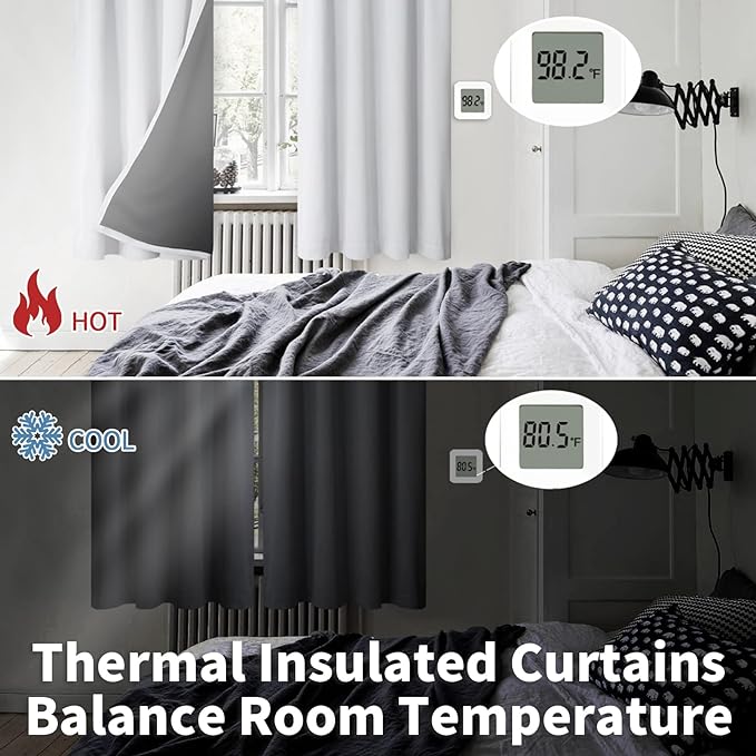 BGment Thermal Insulated 100% Blackout Curtains for Bedroom with Black Liner, Double Layer Full Room Darkening Noise Reducing Rod Pocket Curtain (52 x 45 Inch, Greyish White, 2 Panels)