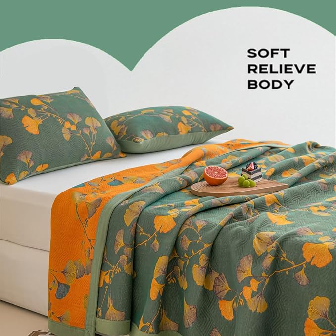 Ginkgo Leaf Quilt Queen Size Dark Green Orange Reversible Cotton Bedspread Coverlet for All Seasons Lightweight Muslin Quilt Throw Blanket for Bed, Couch