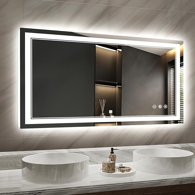 LED Bathroom Mirror with Lights: 48"x28" Wall Mounted Large Lighted Mirrors Fogless, Anti-Fog,Dimmable,Memory Function, Shatterproof Tempered Glass, Espejos para Baños, ETL Listed