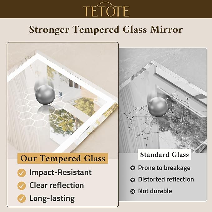 TETOTE 55 x 36 Inch Led Lighted Mirror for Bathroom Wall, Extra-Bright Beveled Bathroom Vanity Frontlit & Backlit Frameless Mirror with 3-Color Lights, Defogging, Tempered Glass, Waterproof