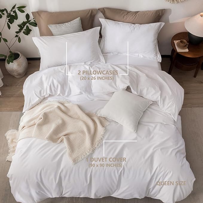 Linen Feel Duvet Cover Queen Size 90inch x 90inch,100% Washed Cotton Duvet Cover with Zipper Closure and 2 Pillowcases, Color of Bright White