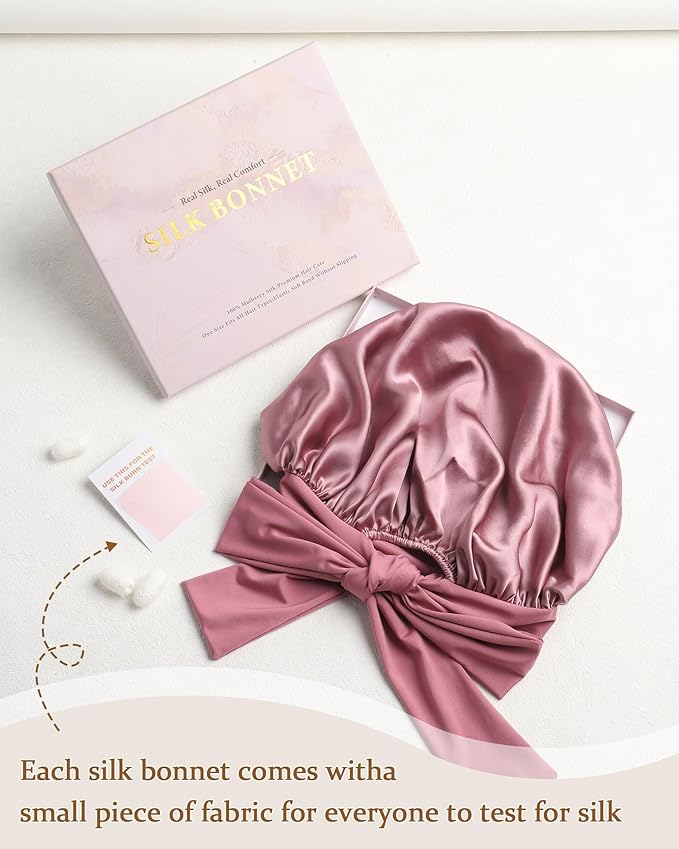 AWAYTR Mulberry Silk Bonnet for Sleeping - Silk Sleep Bonnet with Tie Band for Curly Hair Men and Women (Rose Gold)