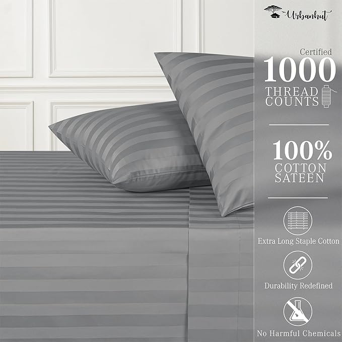 URBANHUT 1000 Thread Count Egyptian Cotton Sheets Damask Striped California King Size, Long Staple Soft & Breathable, 4 Pc Bed Sheet Sets, Luxury Hotel Sateen Sheets Fits 16" Deep Pocket - Dark Grey